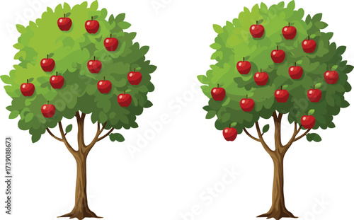 Cartoon illustration of two apple trees with red fruits, green leaves, natural orchard, fresh harvest, organic farming, fruit garden, healthy food, nature landscape design