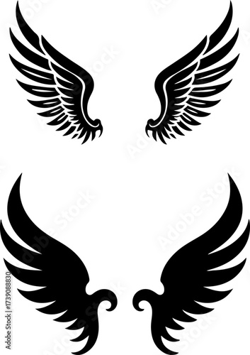 set of vector wings, bird, eagle, silhouette, vector, wing, flying, animal, illustration, tattoo, wings, feather, dove, black, design, fly, nature, hawk, symbol, icon, birds, angel, pigeon, flight, se