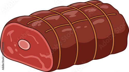 A cartoon illustration of a large raw red meat roast tied with butcher's twine.