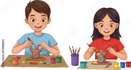 Children creating clay art, kids painting sculpture, childhood creativity, art class activity, colorful clay modeling, school project, teamwork, imagination, learning, fun