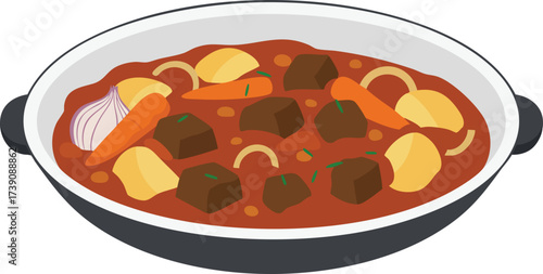 A hearty beef stew with chunks of meat, potatoes, carrots, and onions in a rich, savory broth, served in a black casserole dish.