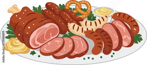 A traditional German meat platter with assorted sausages, pork knuckle, sliced ham, and pretzels served with mustard.