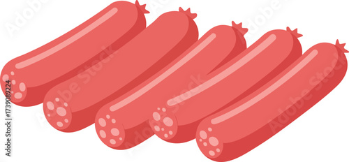 A vector illustration of five pink processed meat sausages arranged in a row.