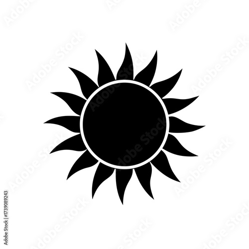 Illustration of a stylized sun with pointed rays emanating from a central circular shape in solid black on transparent background silhouette