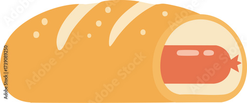 A stylized illustration of a hot dog encased in a golden-brown bun with visible score marks on top.