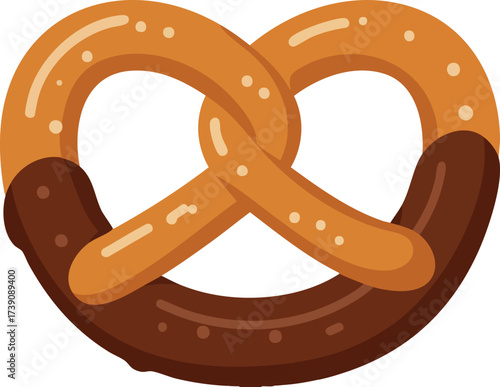 A close-up illustration of a pretzel dipped in chocolate, with a white background.