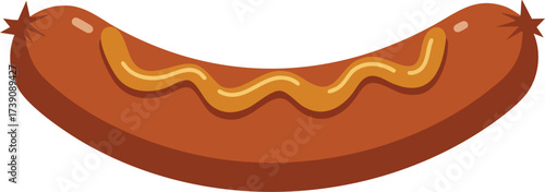 A cartoon illustration of a grilled sausage with a wavy line of yellow mustard on top, isolated on a white background.