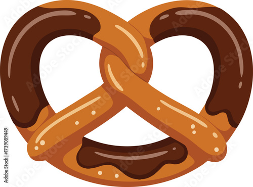 A close-up illustration of a pretzel dipped in chocolate, showcasing its classic knot shape and glossy texture.