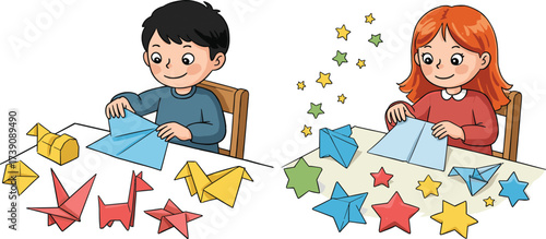 Children doing origami, kids folding paper, creative classroom activity, colorful origami animals, learning art skills, educational craft, childhood creativity, teamwork