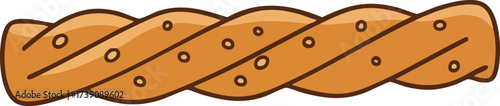 A cartoon illustration of a twisted breadstick with small dots on its surface.