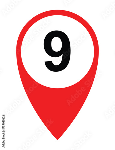 Free Download Location Marker Vector – Red Map Pin with Number 9 Inside White Circle for Mapping and Data Visualization - GFXLoad