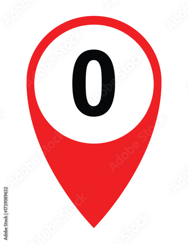 Numbered Map Pin Vector – Red Location Marker with White Circle and Black “0” for Navigation and Ranking