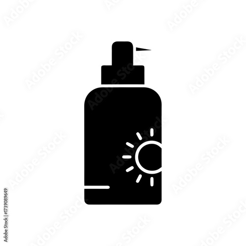 Black silhouette of a bottle with a pump and a sun icon for sunscreen on a white background view on transparent background