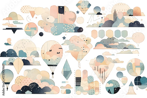 Abstract Colorful Cloud and Geometric Shapes Composition Against a Transparent Background