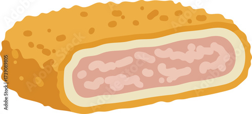 A simple vector illustration of a Japanese-style fried meat cutlet, or menchi katsu, cut in half to show the filling.