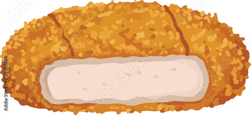 A close-up illustration of a breaded and fried pork cutlet, sliced to reveal its tender interior.