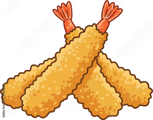 Three pieces of crispy golden brown fried shrimp tempura, depicted in a simple cartoon illustration style on a white background.