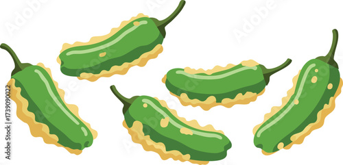 Illustration of several green jalapeno poppers with crispy breading.