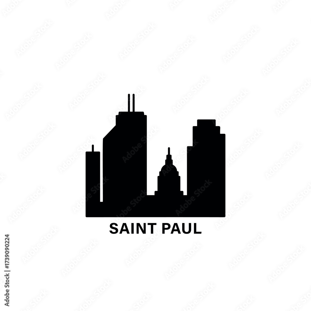 Naklejka premium Saint Paul skyline, horizon logo. Panorama of USA Minnesota state city, icon with landmarks, buildings, riverside. Isolated graphic, vector clipart