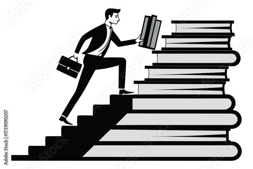 Businessman climbing stairs made of books with briefcase