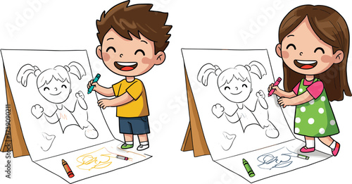 Children drawing at easel, boy and girl coloring picture, kids art activity, creative playtime, childhood education, crayons, classroom creativity, learning fun