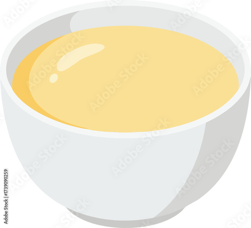 A simple illustration of a white bowl filled with a smooth, pale yellow liquid, possibly soup or a creamy sauce.