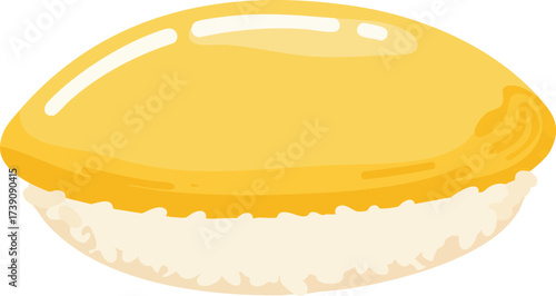 Illustration of a piece of sushi with a yellow topping, side view.