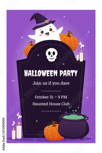 Playful Halloween party poster with a ghost wearing a witch hat, pumpkins, tombstone, and cauldron. event invitations, flyers