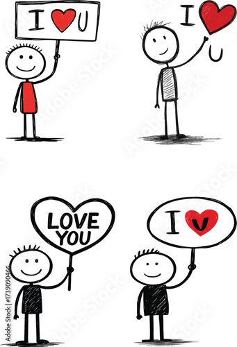 A collection of four hand-drawn stick figures expressing love by holding signs and heart shapes with romantic messages.