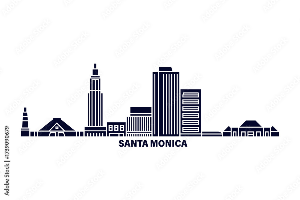 Obraz premium Santa Monica skyline, horizon logo. Panorama of USA California state town, icon with landmarks, buildings, waterfront. Isolated graphic, vector clipart