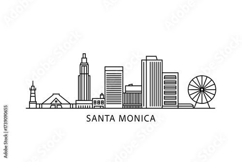 Santa Monica skyline, horizon logo. Panorama of USA California state town, icon with abstract landmarks, skyscrapers, waterfront. Isolated thin line graphic, vector clipart