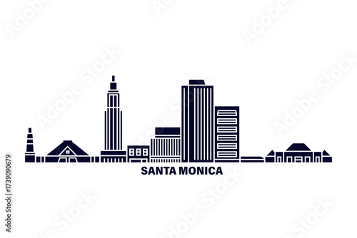 Santa Monica skyline, horizon logo. Panorama of USA California state town, icon with landmarks, buildings, waterfront. Isolated graphic, vector clipart