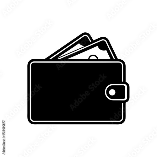 Illustration of a black wallet with money sticking out of it on a white background in vector format on transparent background silhouette