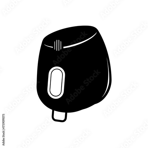Illustration of a black air fryer with a white button and handle on a white background on transparent background silhouette