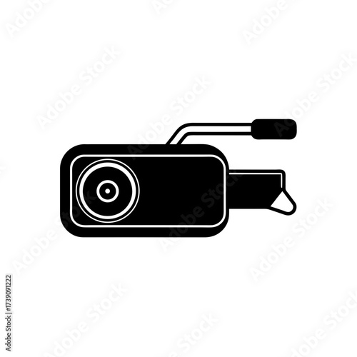 Illustration of a black camcorder with a lens and handle on a white background in simple vector style on transparent background silhouette