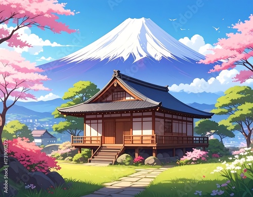 Japanese landscape featuring a traditional building, Mount Fuji, and cherry blossoms
