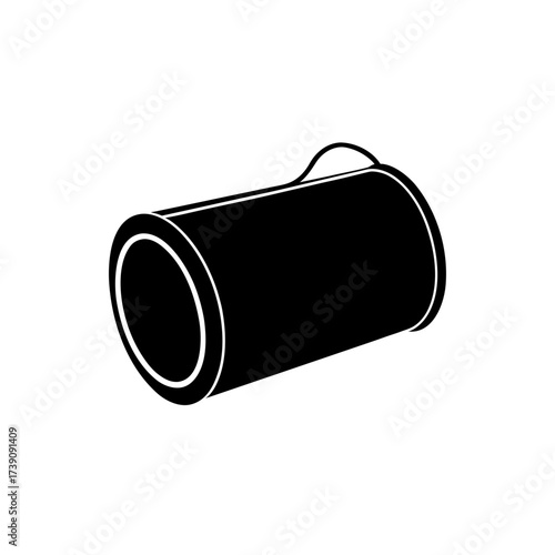 Illustration of a cylindrical black duffel bag with a handle on a white background in monochrome style on transparent background silhouette