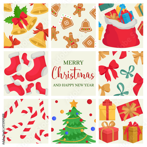 Merry Christmas cards with winter holidays elements presents bows cookies bell