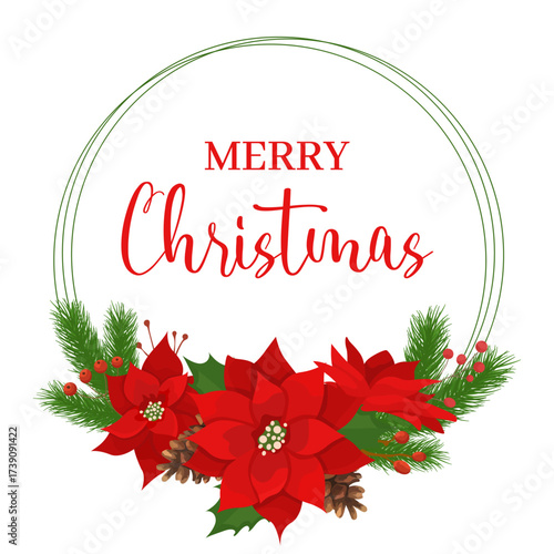 Merry Christmas circular frame with red holly flowers fir tree branches Happy Holidays