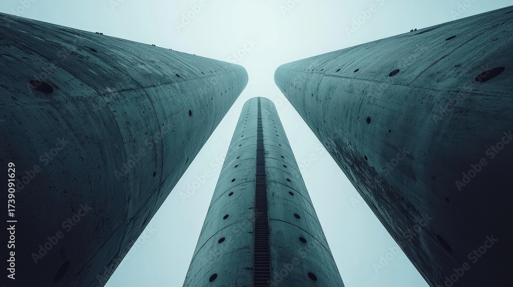 Fototapeta premium Abstract low-angle view of three imposing concrete pillars reaching towards a bright sky