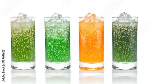 Refreshing Sparkling Drinks in Glasses, Green and Orange Soda, Bubbles, Ice Cubes, Closeup