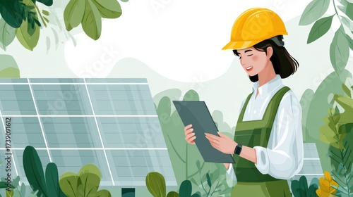 green tech engineer inspecting solar panel system, eco-friendly setting with greenery around, wearing smart gear