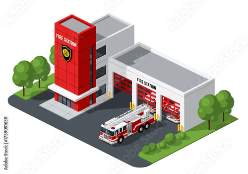 A modern fire station is depicted in a clean, isometric style, with a ladder truck parked outside the bay, ready for an emergency response.