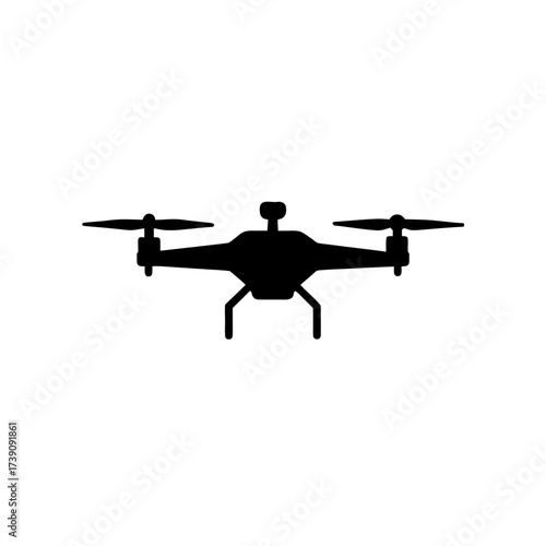 Silhouette of a drone with two propellers and landing gear in a simple black and white illustration style on transparent background
