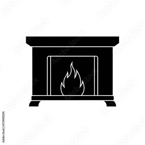 Black silhouette of a fireplace with a visible flame inside a home during the winter season decorates a room on transparent background