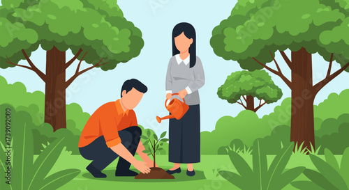 Couple actively participating in environmental conservation by planting and watering new trees in a lush green park, symbolizing sustainability and eco-friendly practices for a greener planet