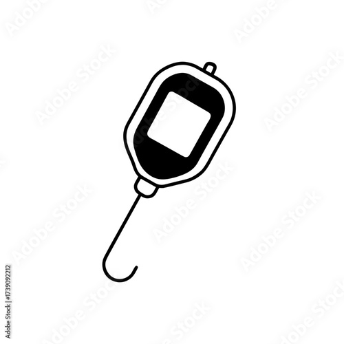 Illustration of an intravenous drip bag with hook and filled with dark liquid for medical treatment on transparent background silhouette