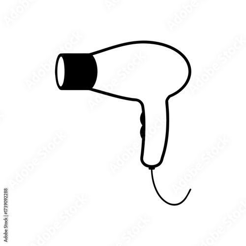 Illustration of a white hair dryer with a black nozzle and a visible cord on a white background on transparent background silhouette