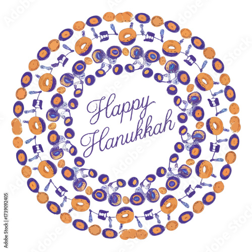 Happy hanukkah circular wreath with dreidels and menorah elements isolated on white background