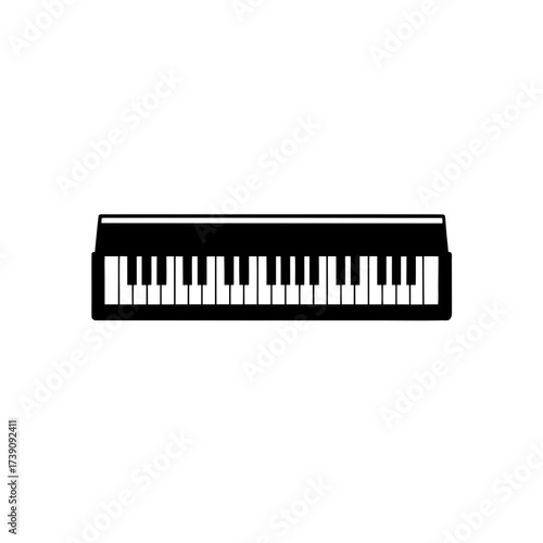 Illustration of a full sized piano with black and white keys in a simple and elegant design style on transparent background silhouette